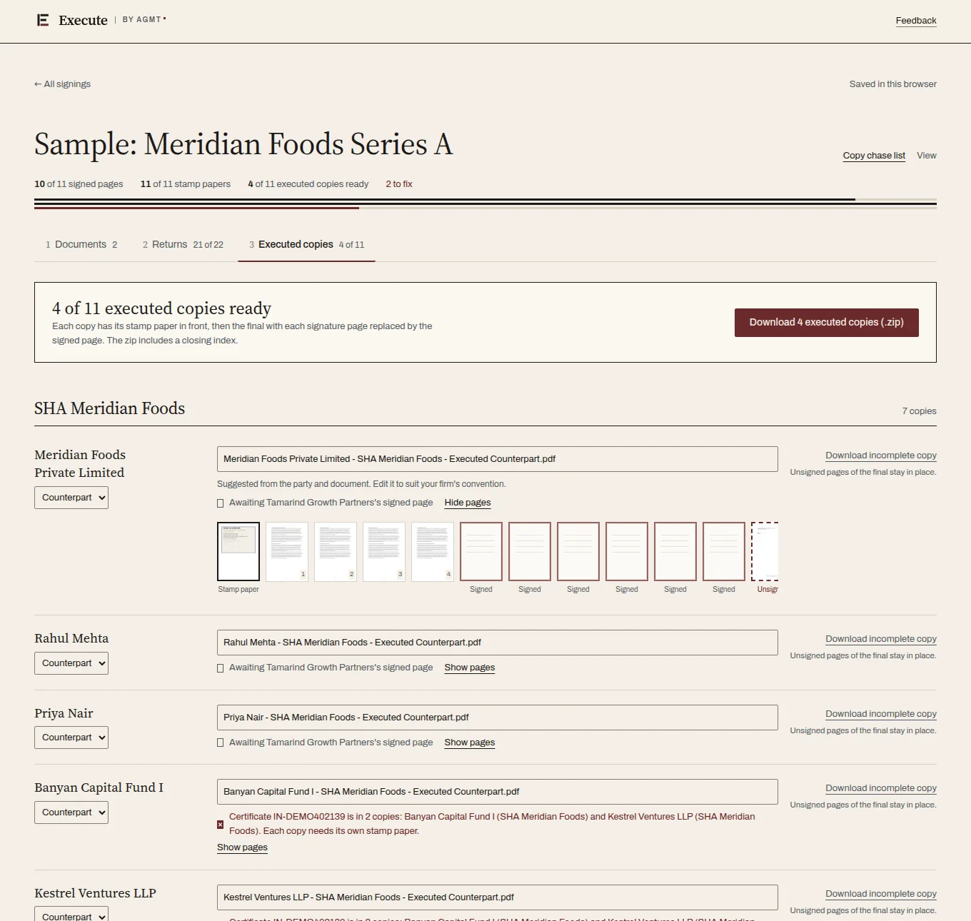Execute's executed copies screen: four of eleven copies ready, each copy's pages in order with the stamp paper first, and a certificate flagged as used on two copies.